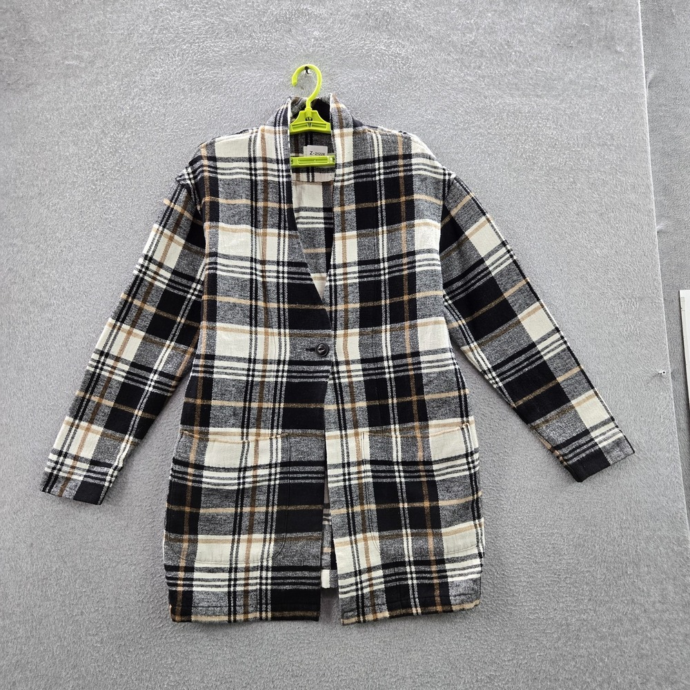 Tentree Women Cardigan M Black Plaid Flannel Cocoon Organic Cotton